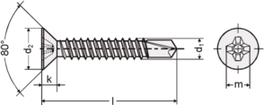 Šroub samovrtný TEX se zápustnou hlavou a křížovou drážkou, DIN7504P